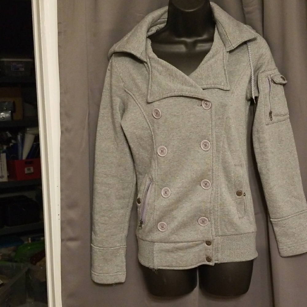 Miss London Women's Hooded Coat Jacket Gray Pockets Button Up Sz M GUC‎